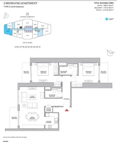 320 ريفرسايد كريسنت: مخطط الطابق Type A With Balcony, 1,172 sq ft