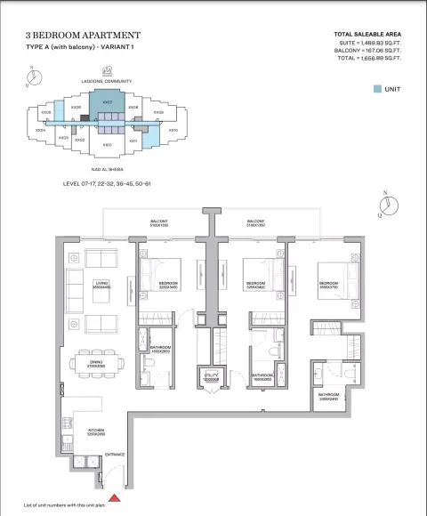 320 ريفرسايد كريسنت: مخطط الطابق Type A With Balcony Variant 1, 1,656 sq ft