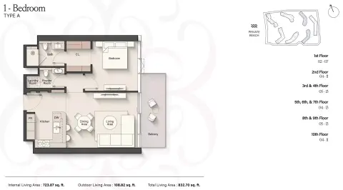 Meriva Gardens: Floor plan Type A, 832 sq ft