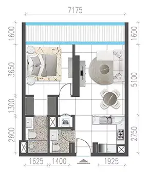 Jade Tower: Floor plan Type 102-213-2204-2803-2811, 743 sq ft