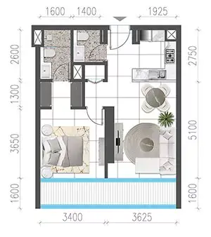Jade Tower: Floor plan Type B, 744 sq ft