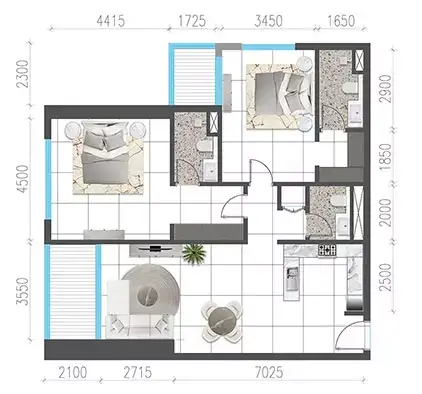 Jade Tower: Floor plan Type 2007-2607, 1,318 sq ft