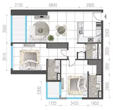 Jade Tower: Floor plan Type 1906-2213, 1,262 sq ft