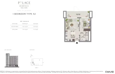 Palace Residences Hillside B: Floor plan Type A2, 770 sq ft