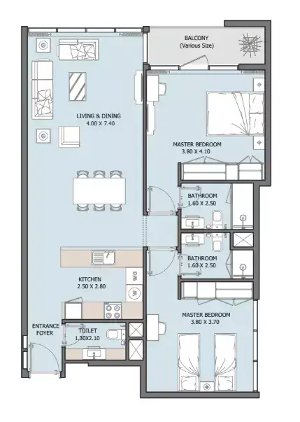 Verdana X: Floor plan Type B-Variant 3, 1,074 sq ft