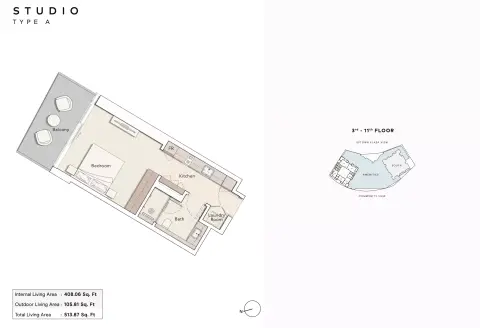 Mercer House: Floor plan Type A, 513 sq ft