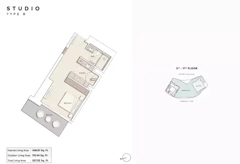 Mercer House: Floor plan Type B, 557 sq ft