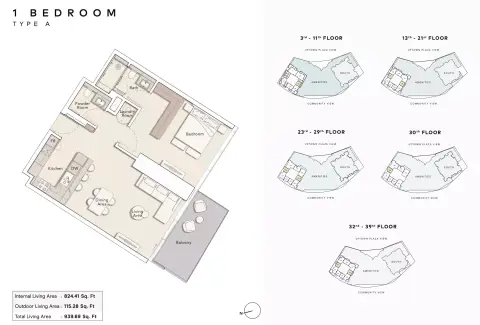 Mercer House: Floor plan Type A, 939 sq ft