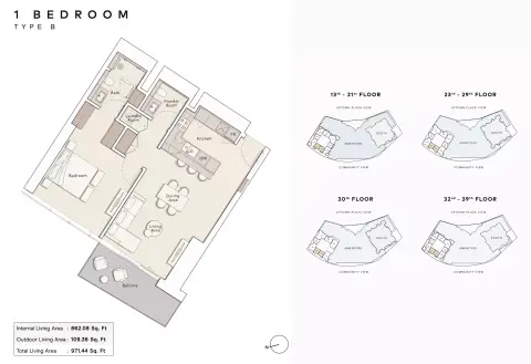 Mercer House: Floor plan Type B, 971 sq ft