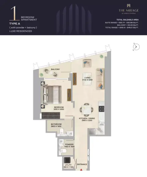 The Mirage: Floor plan Type A, 648 sq ft