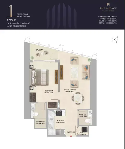 The Mirage: Floor plan Type B, 655 sq ft