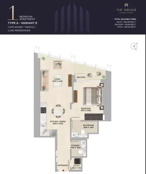 The Mirage: Floor plan Type A-Variant 2, 651 sq ft