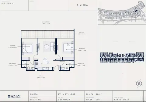 Azizi Riviera 61: Floor plan Type 202, 878 sq ft