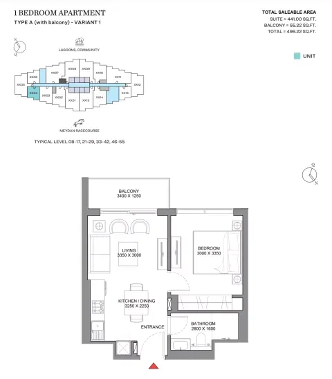 330 Riverside Crescent: Type A with balcony - Variant 1, 496 sq ft 户型图