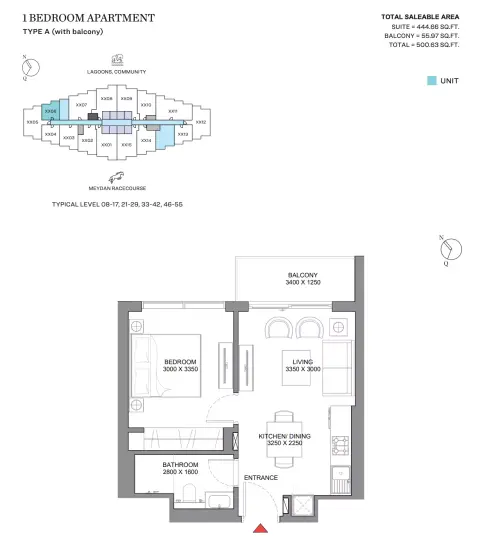 330 Riverside Crescent: Type A (with  balcony), 500 sq ft 户型图