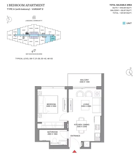 330 Riverside Crescent: Type A (with balcony) - Variant 2, 501 sq ft 户型图