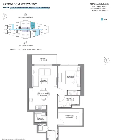 330 Riverside Crescent: Type B (with study room and powder room + balcony), 736 sq ft 户型图