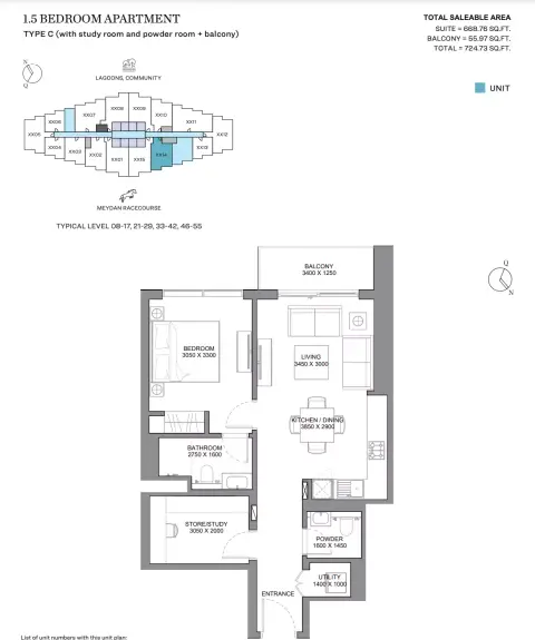 330 Riverside Crescent: Type C (with study room and powder room + balcony), 724 sq ft 户型图