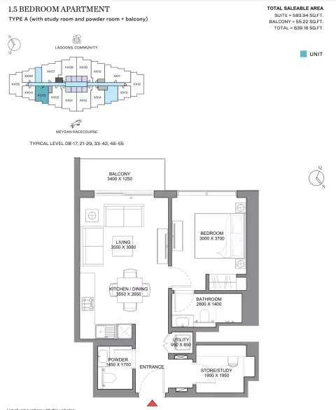 330 Riverside Crescent: Type A  (with study room and powder room + balcony), 639 sq ft 户型图