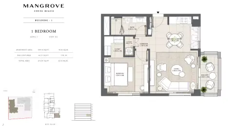 Mangrove: Floor plan Unit 101 Building 1, 673 sq ft