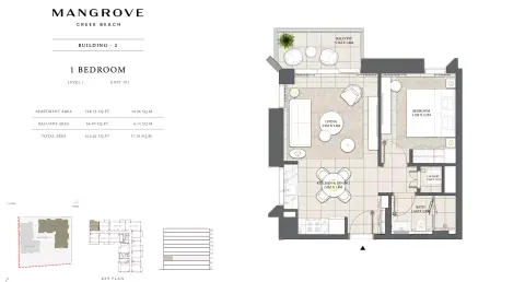 Mangrove: Floor plan Unit 101 Building 2, 614 sq ft