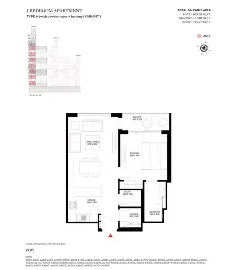 شوبا ون: مخطط الطابق Type A Variant 1-Tower A, 732 sq ft