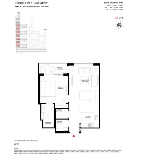 شوبا ون: مخطط الطابق Type A-Tower A, 732 sq ft