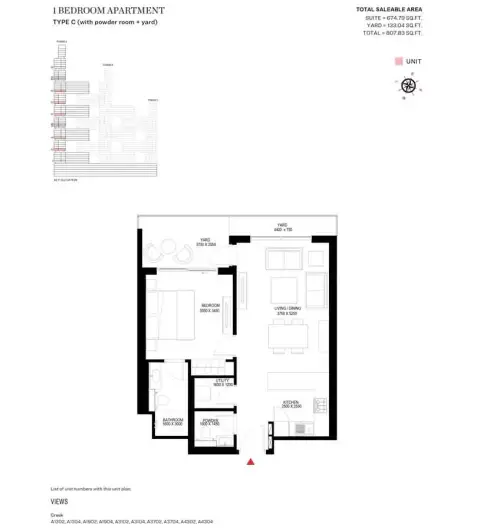 شوبا ون: مخطط الطابق Type C -Tower A, 807 sq ft