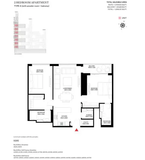 شوبا ون: مخطط الطابق Type A-Tower A, 1,099 sq ft