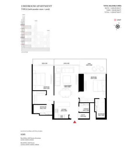 شوبا ون: مخطط الطابق Type G-Tower A, 1,209 sq ft