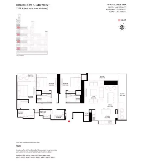 شوبا ون: مخطط الطابق Type A-Tower A, 1,917 sq ft