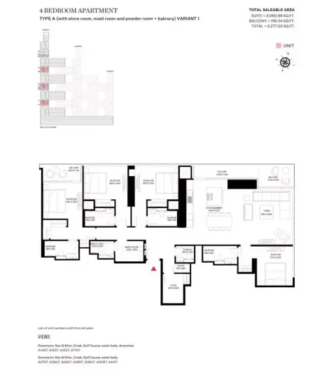 شوبا ون: مخطط الطابق Type A Variant 1-Tower A, 2,277 sq ft