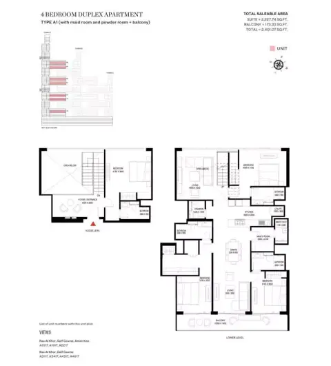 شوبا ون: مخطط الطابق Type A1-Tower A, 2,401 sq ft