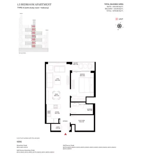شوبا ون: مخطط الطابق Type A-Tower B, 676 sq ft