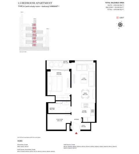 شوبا ون: مخطط الطابق Type A Variant 1-Tower B, 676 sq ft