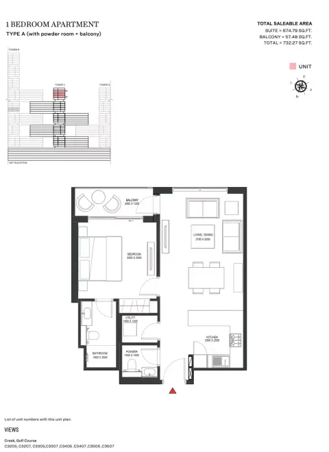 شوبا ون: مخطط الطابق Type A | Tower C, 732 sq ft