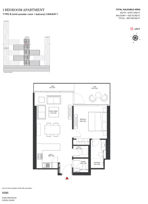شوبا ون: مخطط الطابق Type B | Variant 1 Tower C, 807 sq ft