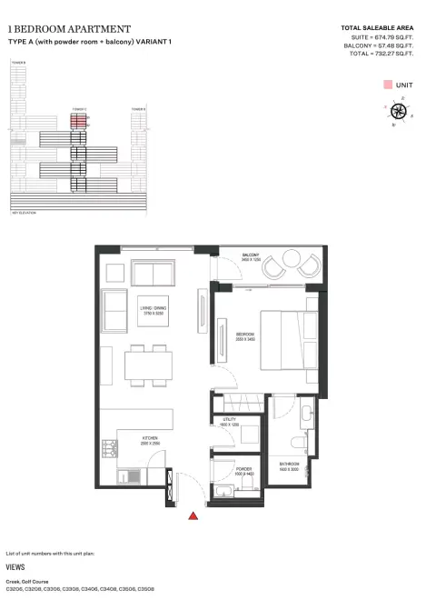 شوبا ون: مخطط الطابق Type A | Variant 1 Tower C, 732 sq ft