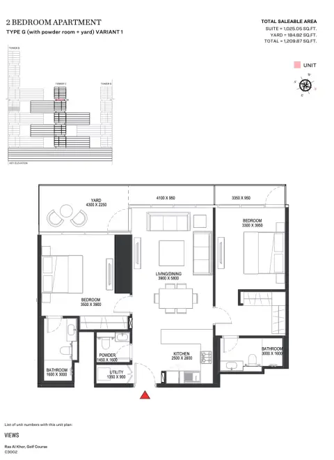 شوبا ون: مخطط الطابق Type G | Variant 1 Tower C, 1,209 sq ft