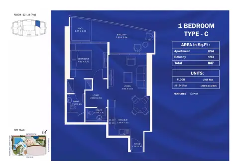Fashionz: Floor plan Type C, 847 sq ft