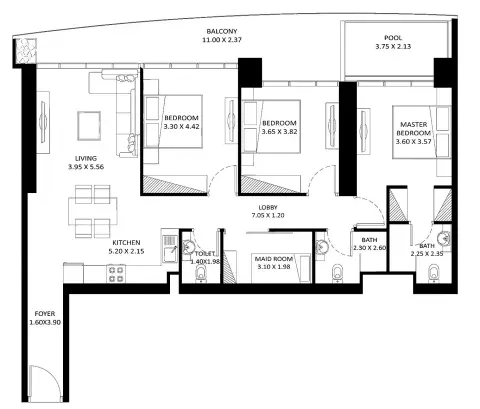 Fashionz: Floor plan Type A3, 828 sq ft