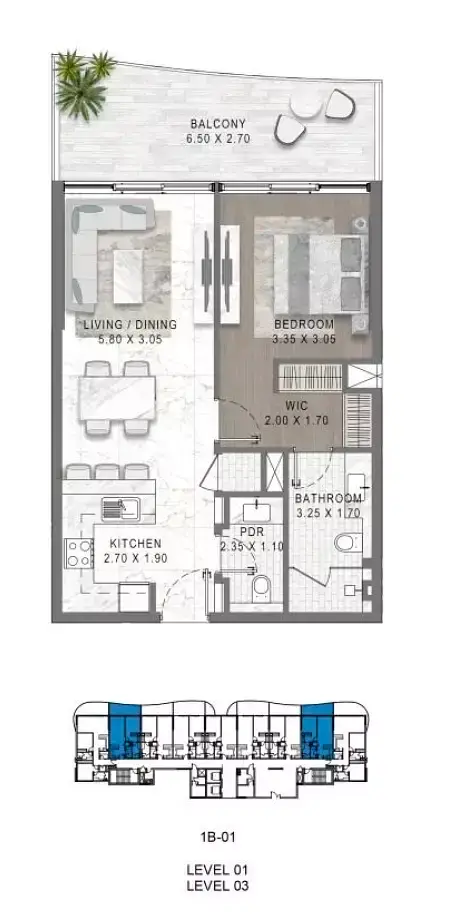 Damac Lagoons - Lagoon Views 12: Type 1, 672 sq ft 户型图