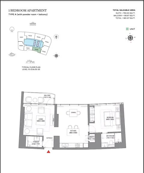 Sobha Seahaven: Floor plan Type A (with powder room + balcony), 861 sq ft