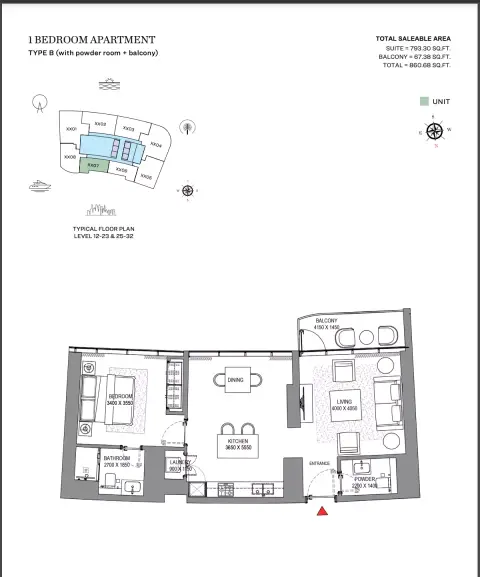 Sobha Seahaven: Floor plan Type B (with powder room + balcony), 860 sq ft
