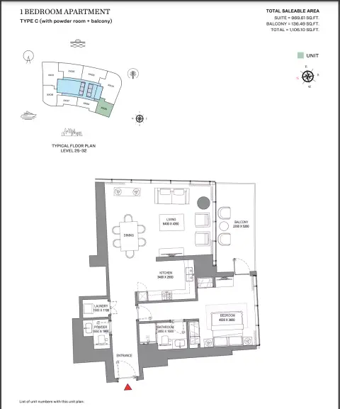 Sobha Seahaven: Floor plan Type C (with powder room + balcony), 1,106 sq ft