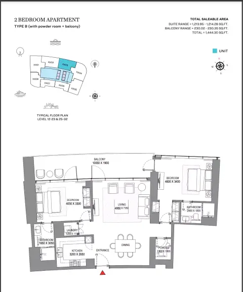 Sobha Seahaven: Floor plan Type B (with powder room + balcony), 1,444 sq ft