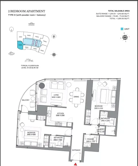 Sobha Seahaven: Floor plan Type D (with powder room + balcony), 1,281 sq ft