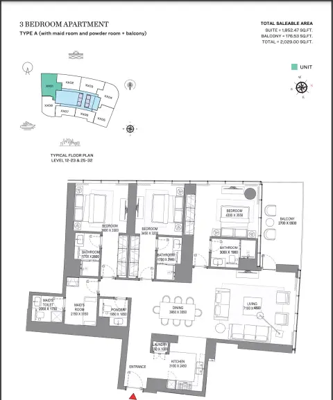 Sobha Seahaven: Floor plan Type A (with maid room and powder room + balcony), 2,029 sq ft