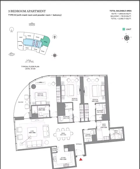 Sobha Seahaven: Floor plan Type B (with maid room and powder room + balcony), 2,082 sq ft