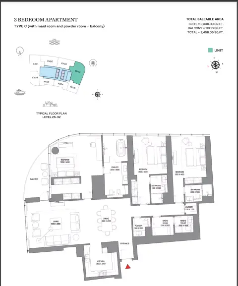 Sobha Seahaven: Floor plan Type C (with maid room and powder room + balcony), 2,458 sq ft